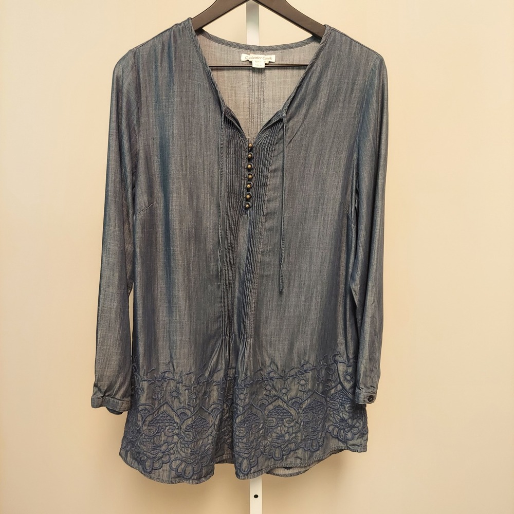 Coldwater Creek Womens Blue Chambray Embroidered Pintuck Tunic Top Size S Boho